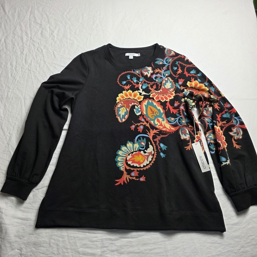 Chico's Women's Sweatshirt Paisley Black Size 1 Medium Black Lightweight pockets